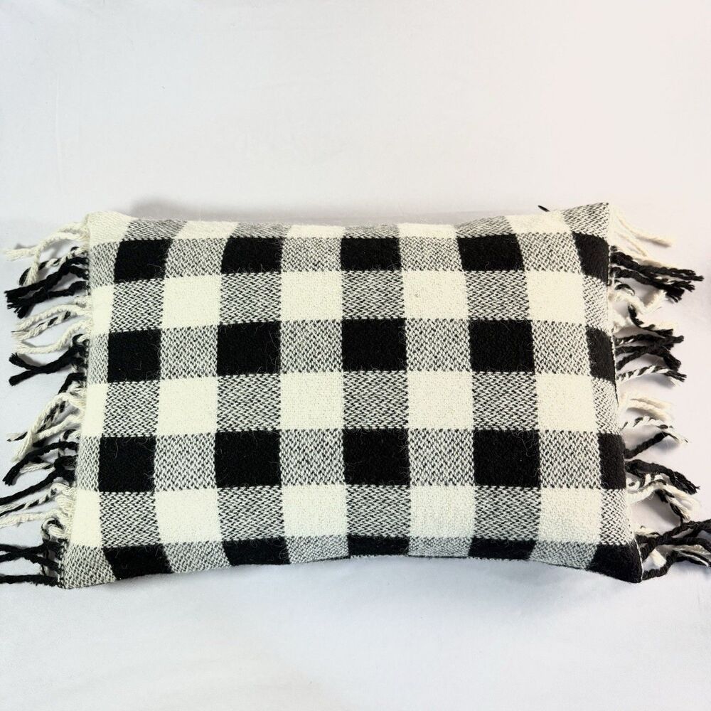 Ralph Lauren Alpaca & Wool Black Cream Fringed Buffalo Check Down Throw Pillow